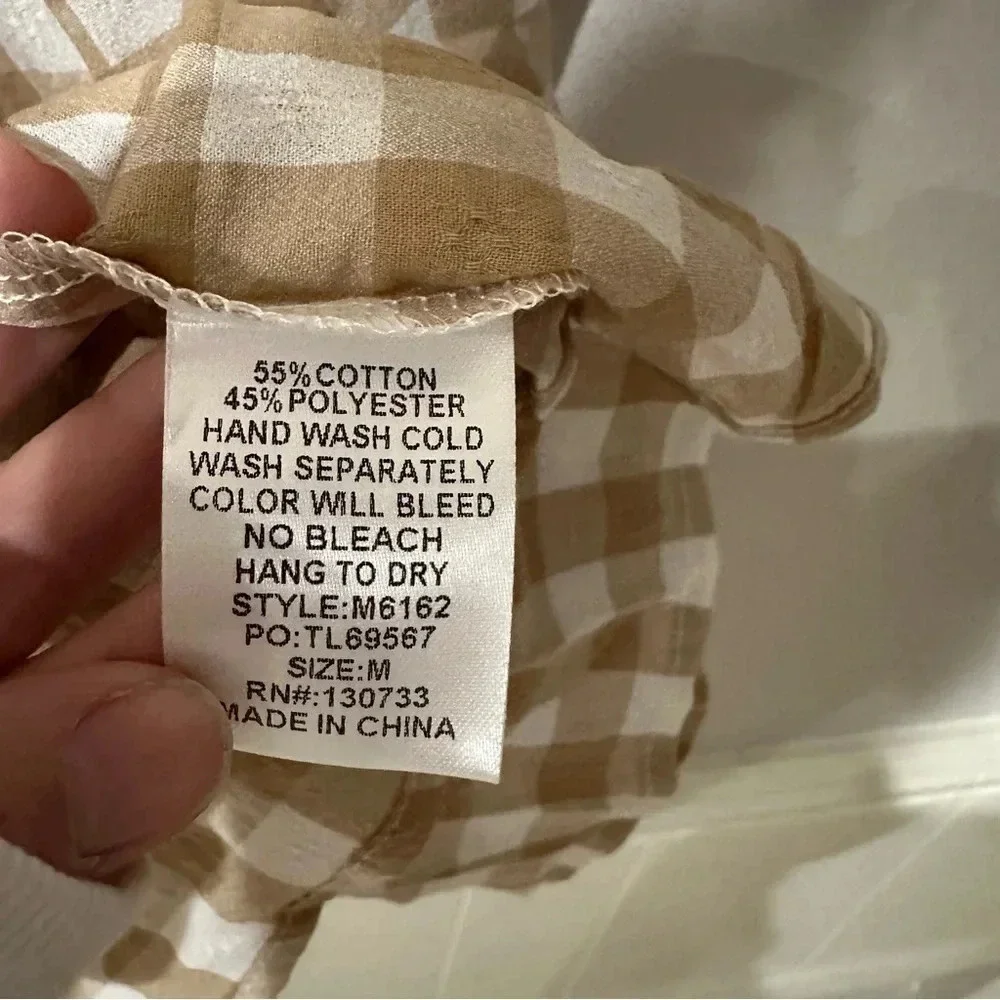 Umgee Gingham Beige & White Fall 3/4 Sleeve Tie Back A-Line Dress Size M NWT - Picture 7 of 13